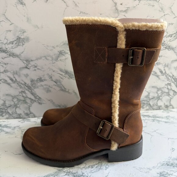 Clarks Women 9 Orinoco Art Boot Winter Shearling Lined Brown Leather Mid Calf - Picture 3 of 7